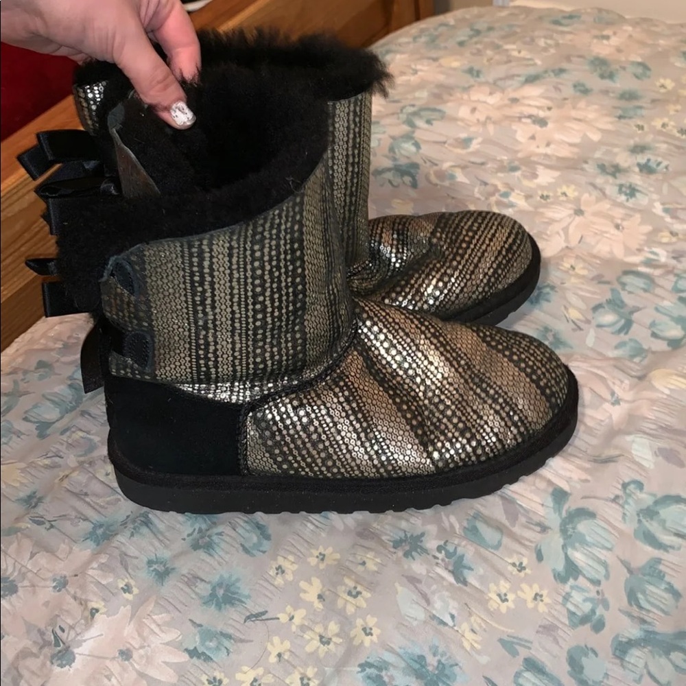 Silver and Black Bailey Bow Uggs